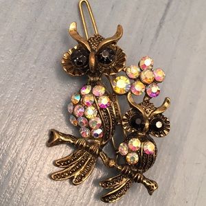 Vintage Rhinestone Owls Brooch Scarf Clip Hair Pin